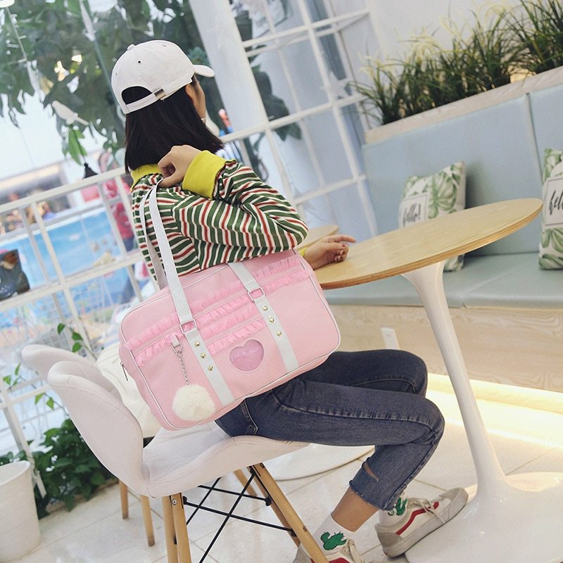Lolita Japan Harajuku Kawaii JK Shoulder HandBag Lace Ruched Handbag Transparent Love Heart HandBag with Plush Pendant