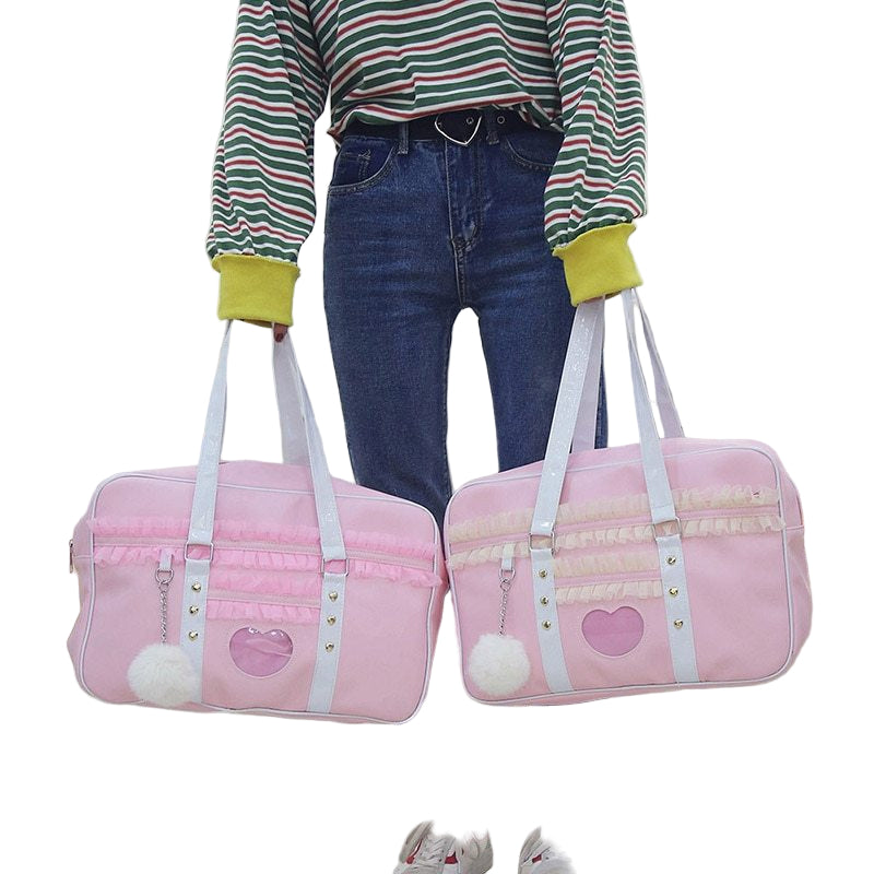 Lolita Japan Harajuku Kawaii JK Shoulder HandBag Lace Ruched Handbag Transparent Love Heart HandBag with Plush Pendant