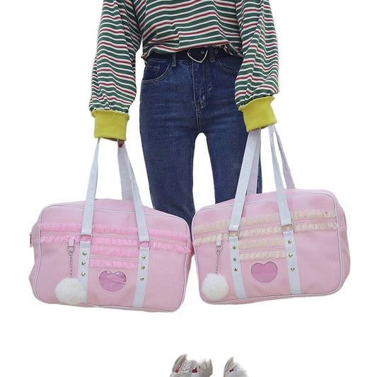 Lolita Japan Harajuku Kawaii JK Shoulder HandBag Lace Ruched Handbag Transparent Love Heart HandBag with Plush Pendant