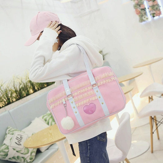 Lolita Japan Harajuku Kawaii JK Shoulder HandBag Lace Ruched Handbag Transparent Love Heart HandBag with Plush Pendant