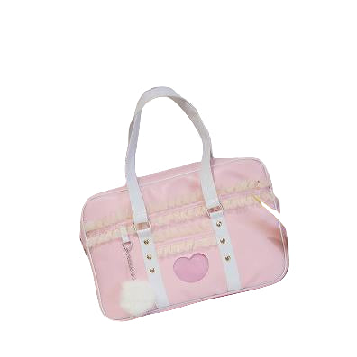 Lolita Japan Harajuku Kawaii JK Shoulder HandBag Lace Ruched Handbag Transparent Love Heart HandBag with Plush Pendant