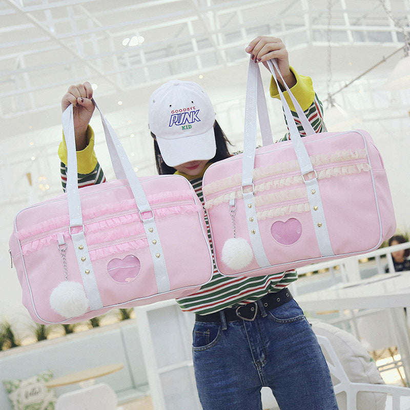 Lolita Japan Harajuku Kawaii JK Shoulder HandBag Lace Ruched Handbag Transparent Love Heart HandBag with Plush Pendant