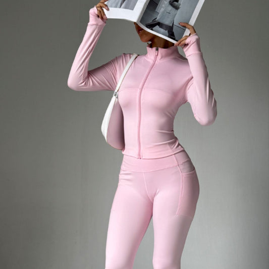 Stand Collar Long-sleeve Zipper Jacket High Waist Pocket Wide Leg Pants Suit